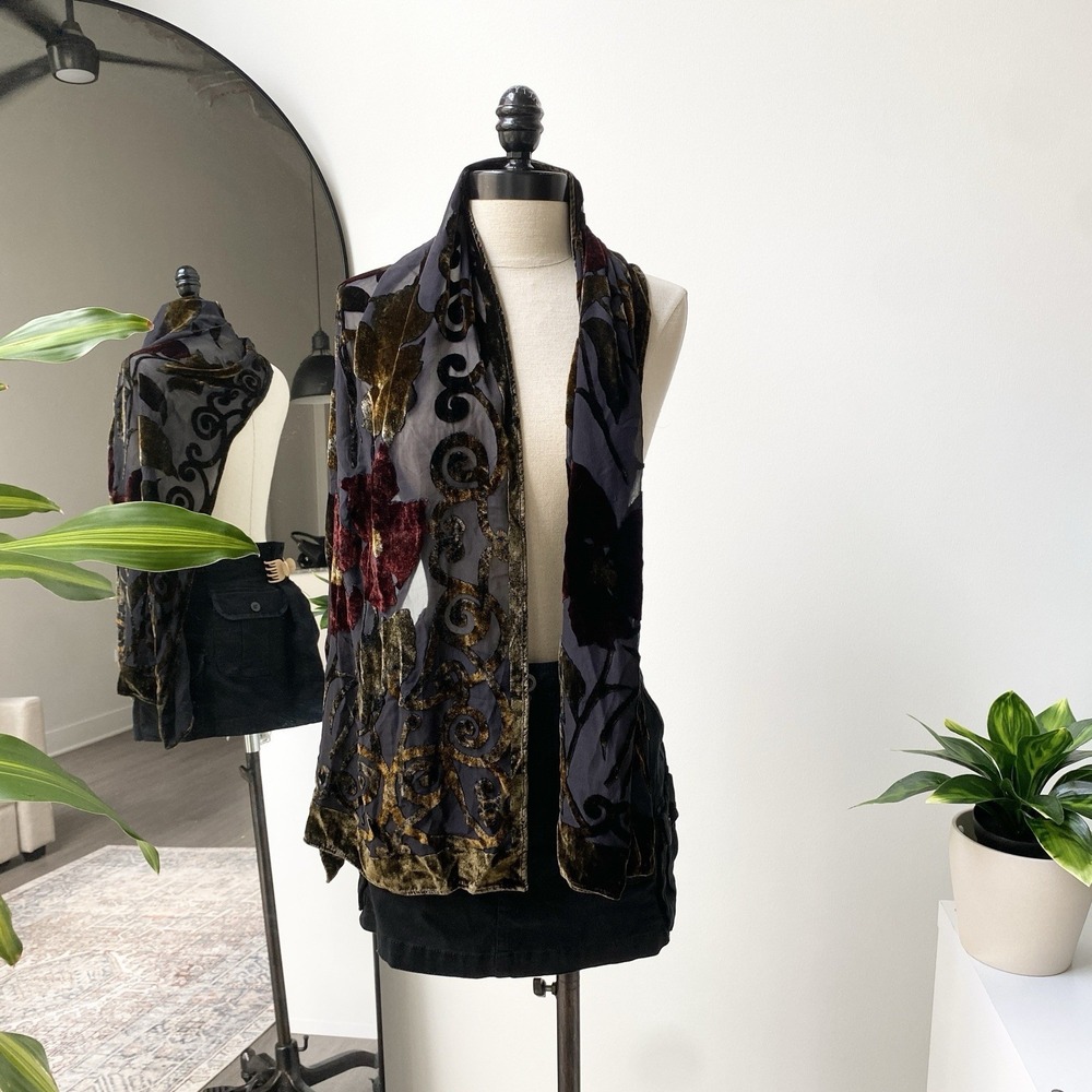 Goth No Brand Velvet  Raised Mesh Black Floral Scarf Whimsy Witchy Rave Grunge